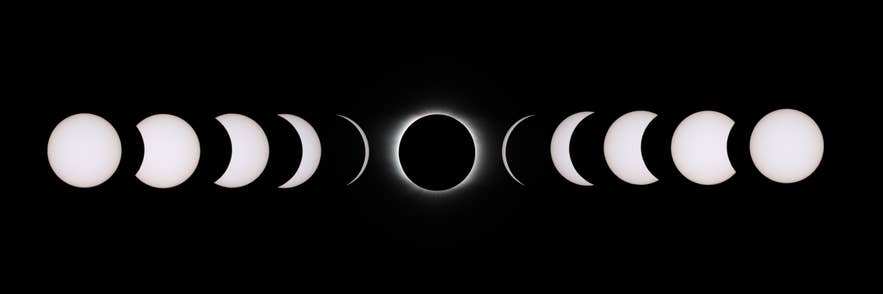 Montage of stages of a total solar eclipse from beginning to end, showing the Moon progressively covering the sun and then uncovering it
