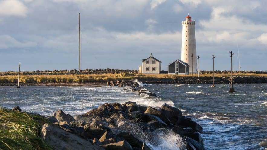 Cloudy view of Grotta Lighthouse near Reykjavik, Iceland, along the August 12, 2026 total eclipse path