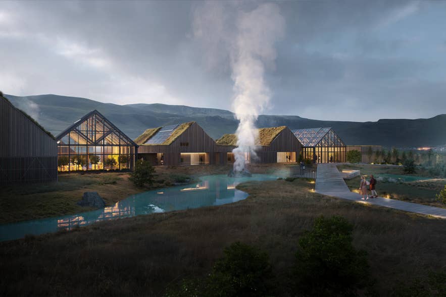 Exterior facade of Reykjabod Hot Springs.
