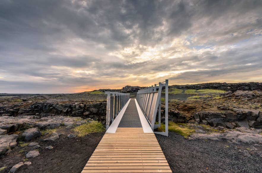 Miðlína Bridge at Sandvík, Reykjanes Peninsula, spanning the continental divide of Europe and North America.