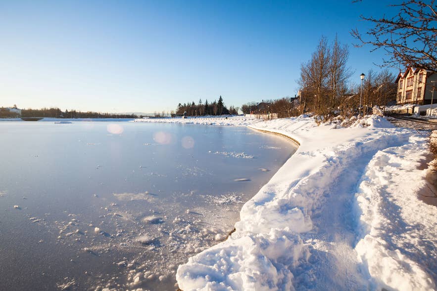 Tjornin view during winter, a prominent small lake in central Reykjavik.