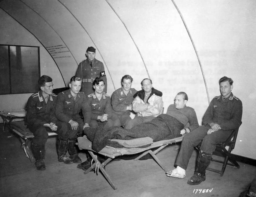 German prisoners captured by USAAF forces after their Focke Wulf Condor was shot down off Iceland, Camp Caledonia, August 1943. German prisoners captured by USAAF forces after their Focke Wulf Condor was shot down off Iceland, Camp Caledonia, August 1943.