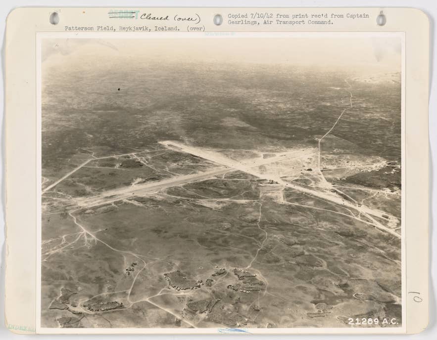 Aerial photograph of Patterson Field, Reykjavik, Iceland, July 1942, one of two US military airfields built during the wartime occupation. Aerial photograph of Patterson Field, Reykjavik, Iceland, July 1942, one of two US military airfields built during the wartime occupation.