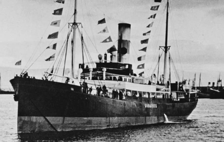 The SS Godafoss in Reykjavik harbour, the Icelandic passenger ship sunk by a German U-boat in November 1944. The SS Godafoss in Reykjavik harbour, the Icelandic passenger ship sunk by a German U-boat in November 1944.