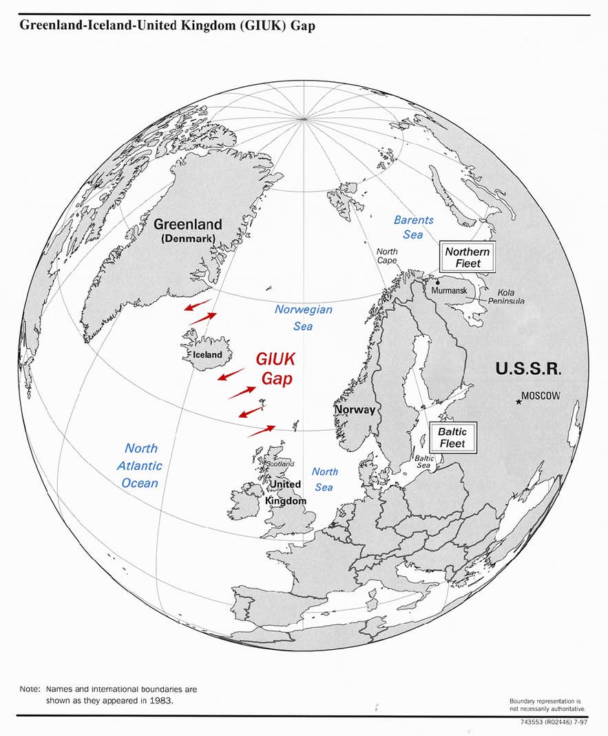 GIUK gap map showing Iceland's position between Greenland and the United Kingdom.