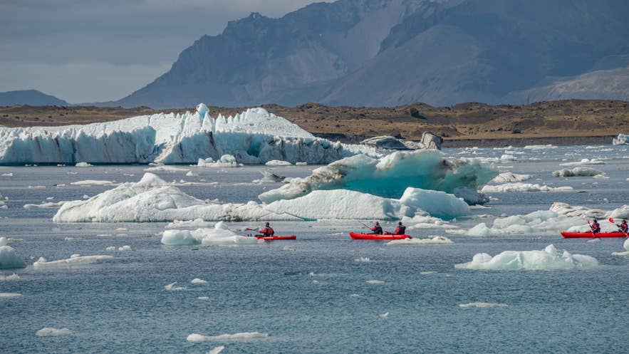 Reizigers kajakken tussen ijsbergen op de Jokulsarlon-gletsjerlagune.