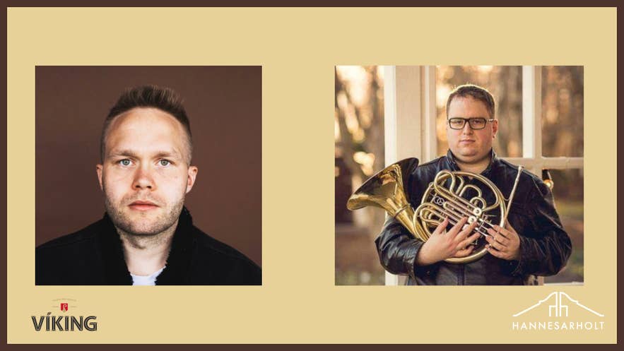 Werbebild für das Konzert „Norðan þeyr“ im Hannesarholt mit den beiden Musikern am Horn und Klavier.