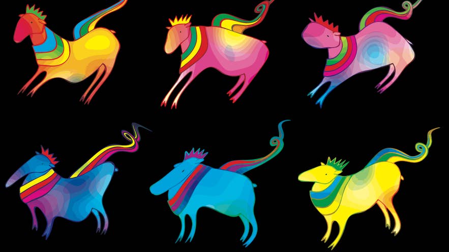Colorful illustrated horses on a black background for Hjálmar at Ægir 220. Colorful illustrated horses on a black background for Hjálmar at Ægir 220.
