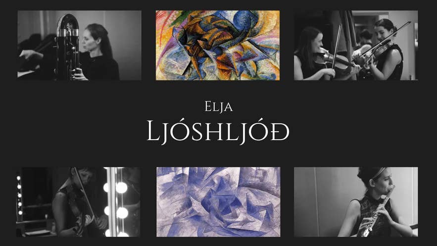 Poster for Elja: Ljoshliod, featuring black-and-white photos of musicians and abstract artwork on a dark background.