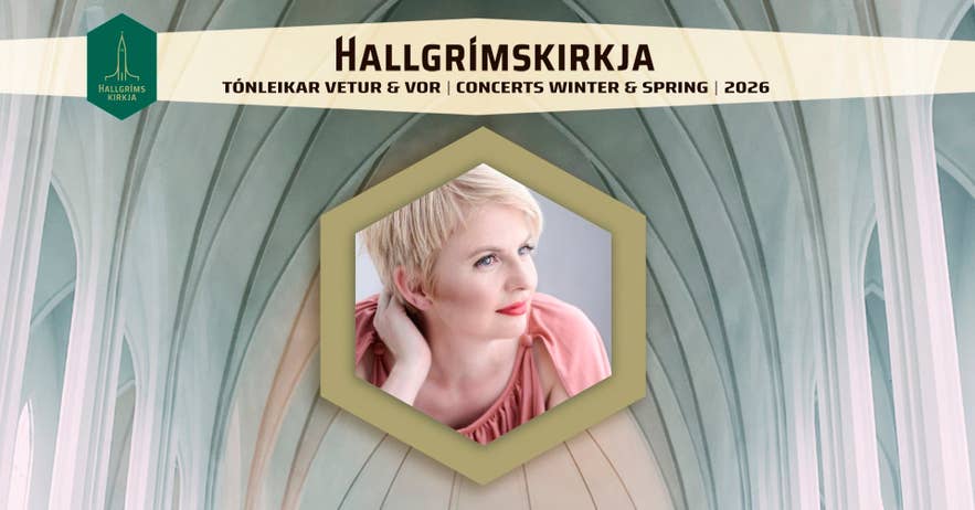 Hallgrimskirkja concert poster for the Winter & Spring 2026 season, featuring a portrait of a singer inside a hexagonal frame.