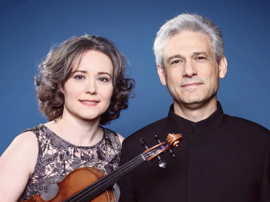 Promotional portrait for Duo Ingolfsson-Stoupel, a chamber music concert featuring violin and piano in Reykjavik.