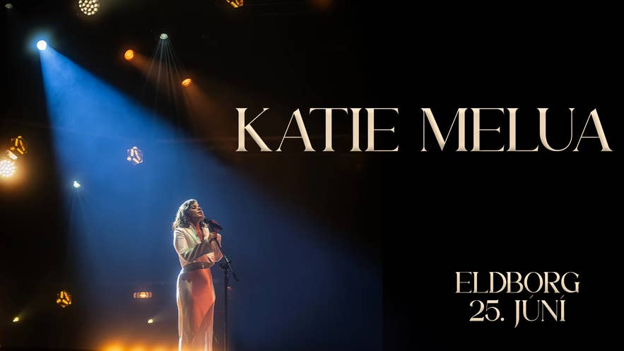 Konzertplakat für Katie Melua im Eldborg am 25. Juni, auf dem eine Sängerin auf der Bühne unter blauen Scheinwerfern zu sehen ist.