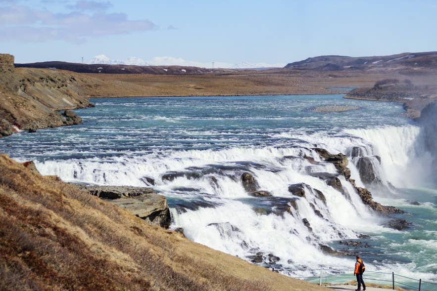 Gullfoss waterfall cascading through a rugged canyon along the Golden Circle in Iceland.