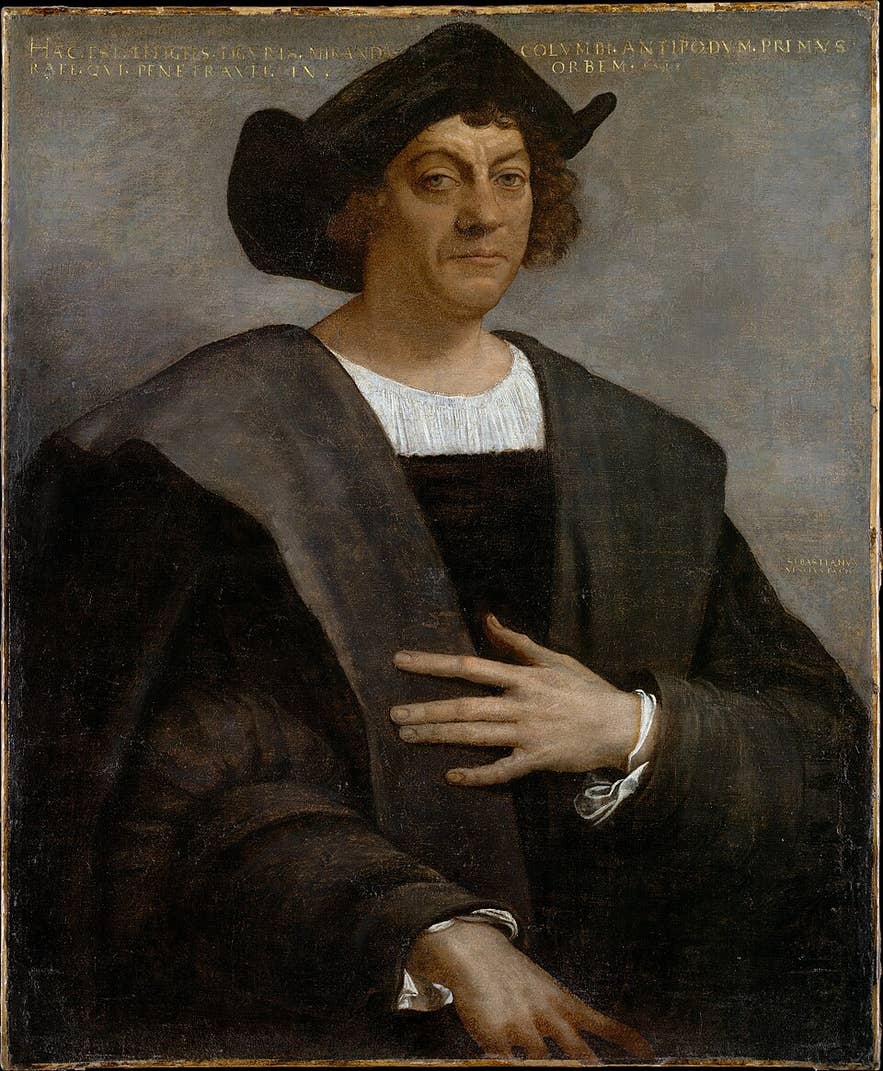 A 1519 portrait said to be Christopher Columbus in a black cap and cloak, by Sebastiano del Piombo