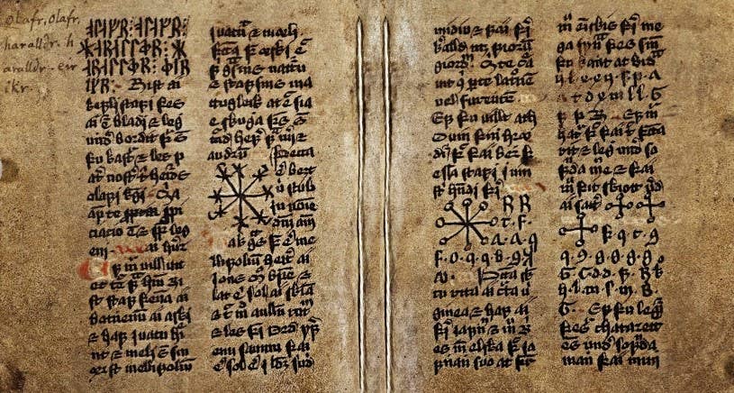 Open pages of the 17th-century Icelandic grimoire Galdrabok showing handwritten text and magical signs in faded ink on aged parchment.