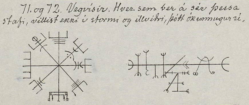 Handwritten Vegvisir drawing from the 1860 Huld Manuscript, with Icelandic text describing protection from losing one's way in storms.