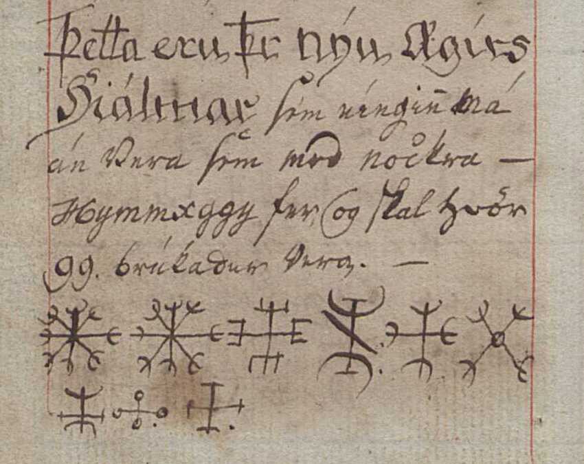 Page 66 of the circa 1800 Icelandic manuscript LBS 2413 8vo, showing handwritten text on nine Aegishjalmur staves above a row of hand-drawn magical staves in brown ink.