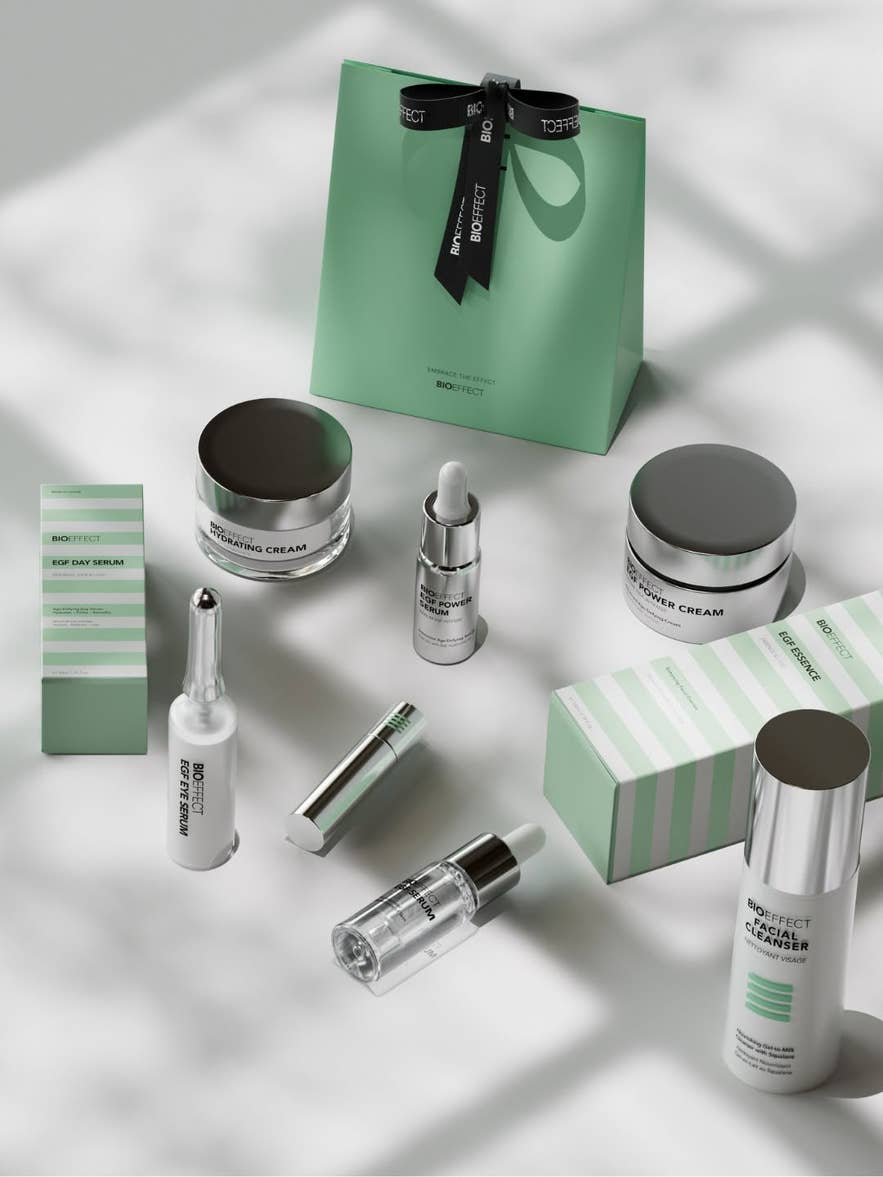 Selection of BIOEFFECT skincare products including serums, creams, and eye treatments.