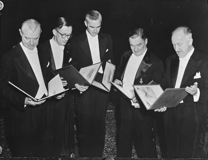 Halldór Laxness with fellow laureates at the 1955 Nobel Prize ceremony in Stockholm.