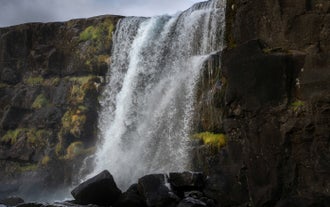 Oxararfoss waterfall is located in Thingvellir National Park.
