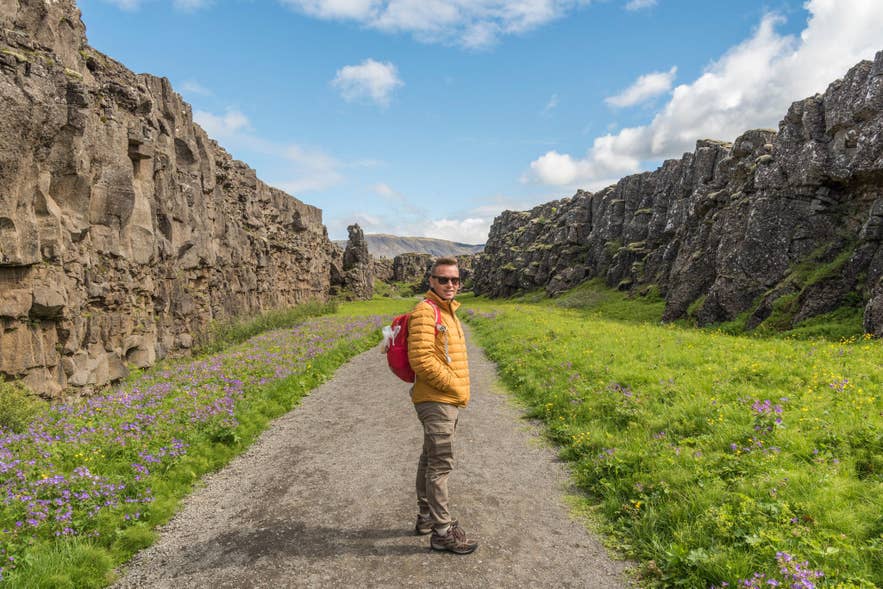 Hiking the route between Lögberg and Drekkingarhylur at Thingvellir, Iceland Hiking the route between Lögberg and Drekkingarhylur at Thingvellir, Iceland