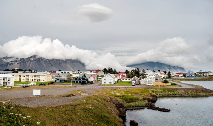 The fishing town of Hofn with mountains and harbor views in Southeast Iceland.