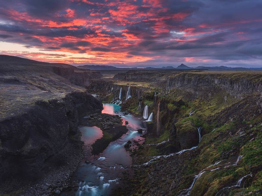 Midnight Sun over Sigoldugljufur canyon in Iceland's highlands