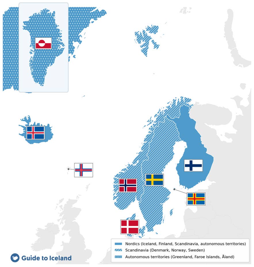 Map of the Nordic region showing Iceland, Finland, Scandinavia, and the autonomous territories of Greenland, the Faroe Islands, and Åland, each with its national flag