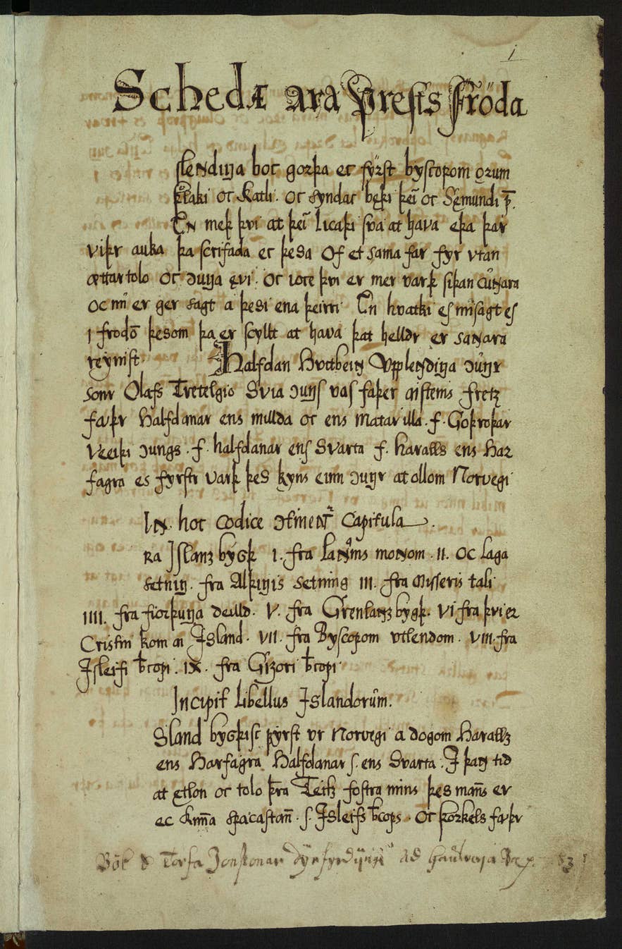 Medieval Íslendingabók manuscript page, a key written record of Iceland's settlement.