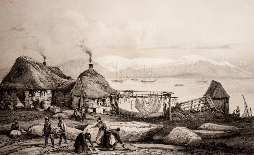 Auguste Mayer drawing of turf farmhouses and fishing boats showing life in early Iceland.