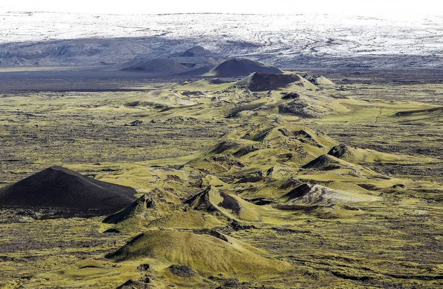 Moss-covered Lakagígar craters in the Highlands, remnants of the deadly 1783 Laki eruption.