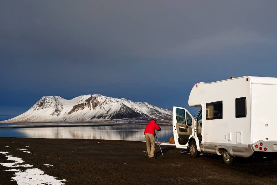 A campervan parked in the Icelandic countryside