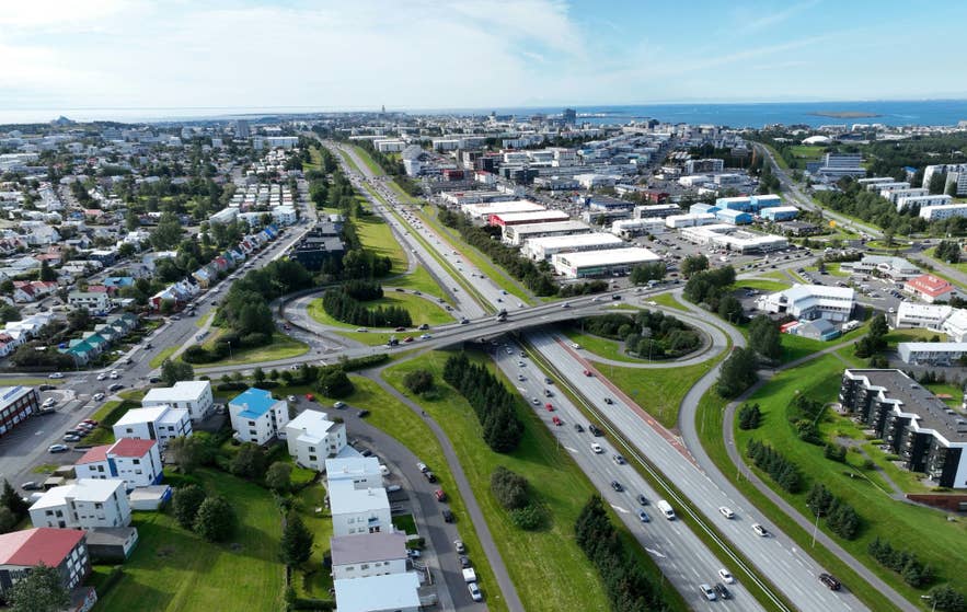 Traffic leaving Reykjavik on Route 1 heading toward the South Coast of Iceland