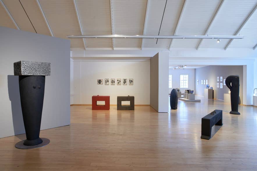 Modern sculptures displayed in the Soley Eiriksdottir exhibition at Hafnarborg Museum.