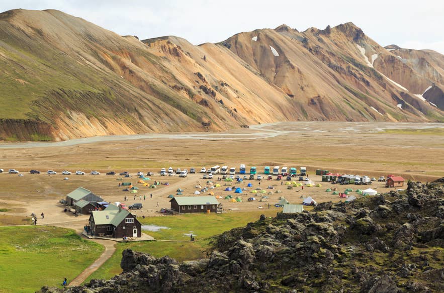 A mountain hut for hikers in the Landmannalaugar Highlands of Iceland.