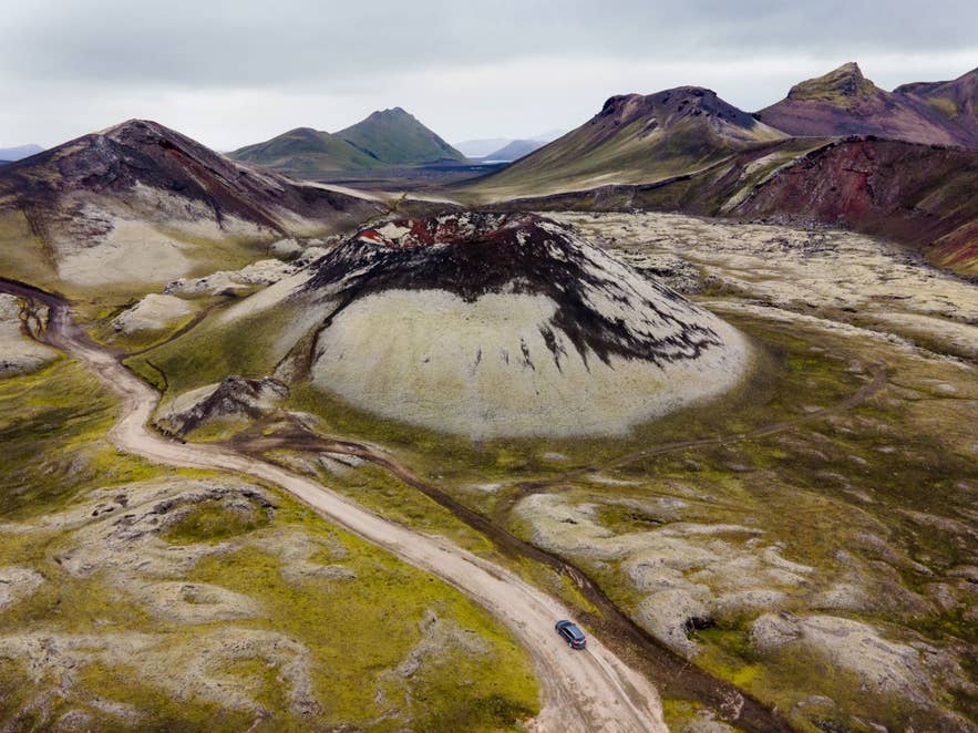Hnausapollur volcano surrounded by moss-covered lava fields in Landmannalaugar, Iceland
