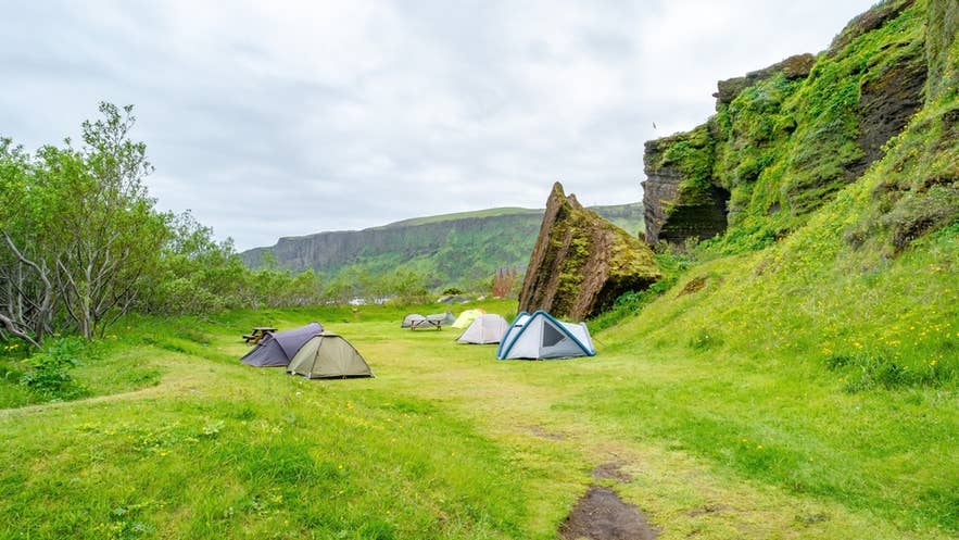 Vik, Iceland, main camping site with tents.