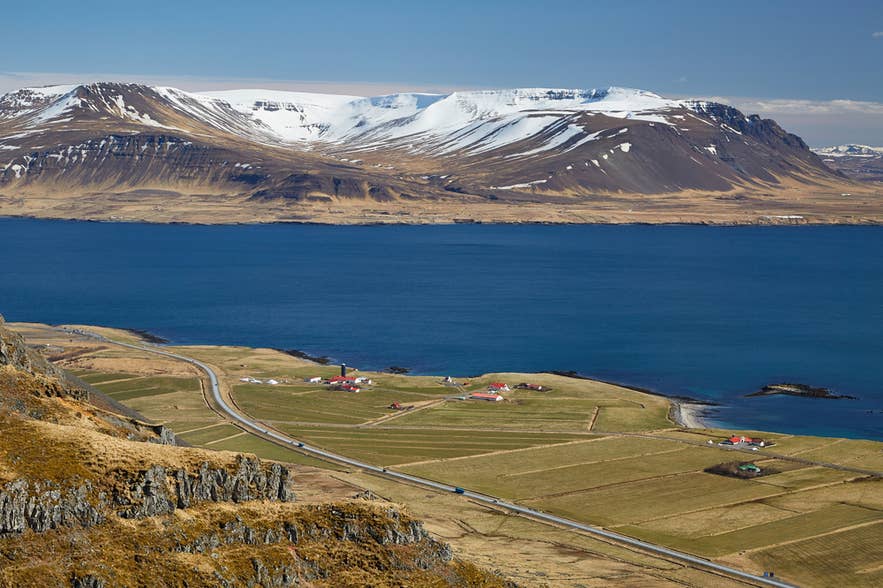 View of Akranes, a coastal town in West Iceland with a nearby campsite.