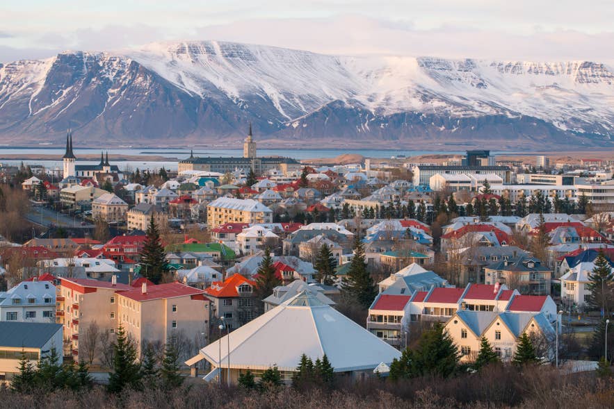 Reykjavik cityscape at the start of the South Coast drive with strong mobile coverage.