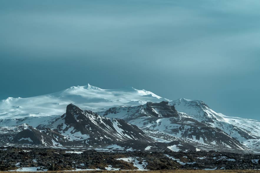 Snaefellsjokull Glacier Volcano at sunset, the gateway to the underworld in Journey to the Center of the Earth.