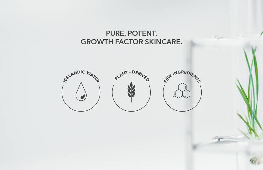 BIOEFFECT skincare principles illustrated with icons for Icelandic water, plant-derived ingredients, and short ingredient lists.