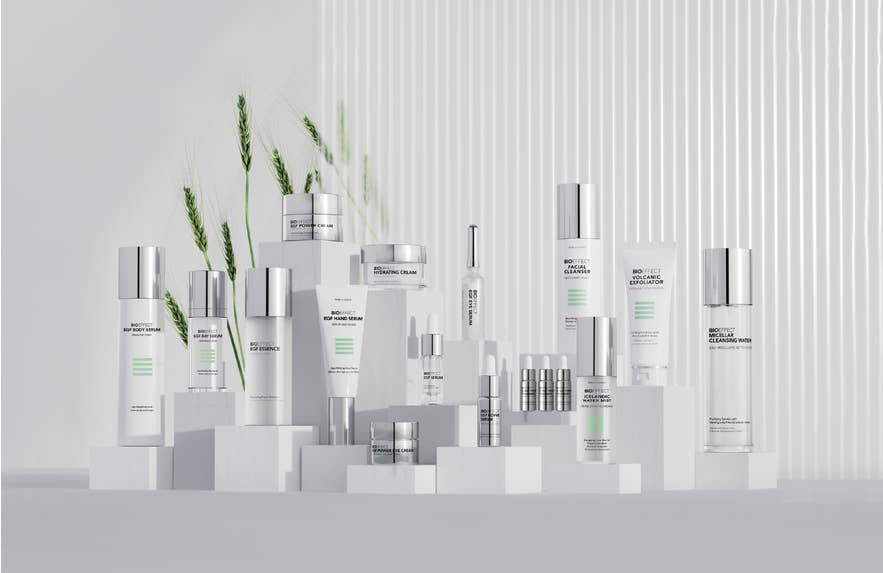 The full BIOEFFECT skincare range, including EGF serums, creams, the Facial Cleanser, Volcanic Exfoliator, and Icelandic Water Mist, displayed on white plinths.