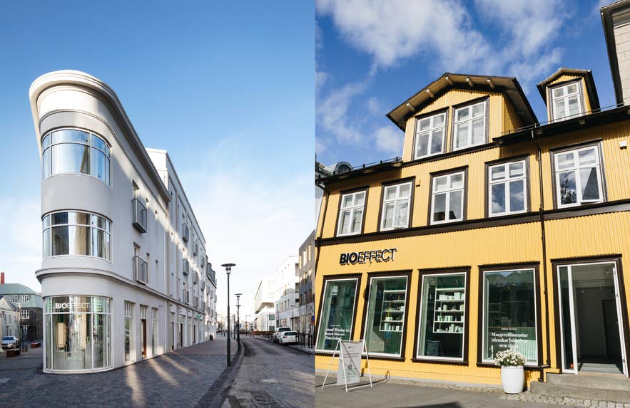 Exteriors of BIOEFFECT's two stores in downtown Reykjavik.