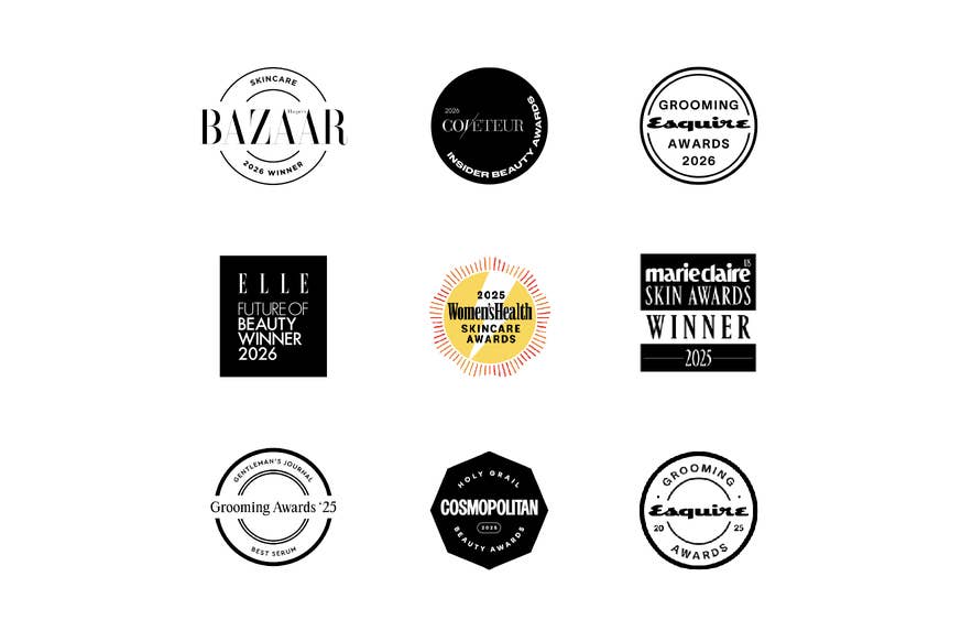 Beauty and skincare award badges won by BIOEFFECT from publications including Harper's Bazaar, Elle, Marie Claire, Cosmopolitan, Women's Health, and Esquire.