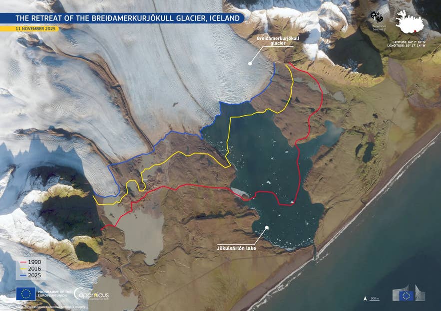 Map illustrating the retreat of Breidamerkurjokull glacier from 1990 to 2025