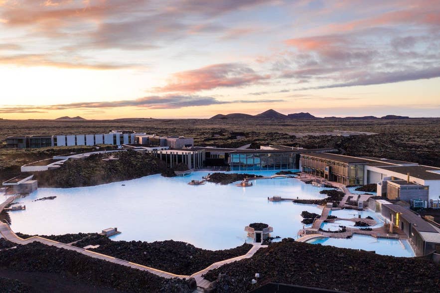 Entrance to the Blue Lagoon surrounded by lava fields on the Reykjanes Peninsula in Iceland.