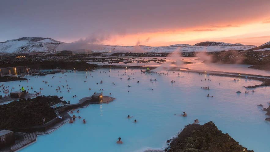 Sunset over the Blue Lagoon in Iceland.