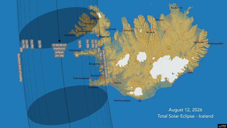 Map of Iceland showing the path and timing of the August 12, 2026 total solar eclipse. The dark band of totality crosses western Iceland, including the Westfjords, Snæfellsnes Peninsula, Reykjavík area, and Reykjanes Peninsula. A marker west of Iceland notes maximum eclipse at 17:45:50 UT, lasting 2 minutes 18 seconds, with contour lines indicating totality duration and the northern and southern limits.
