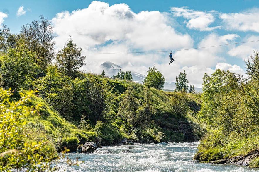A zipliner crosses high above a rushing river between tree-lined banks on a ziplining tour in Iceland.