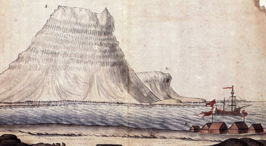 A 1790s drawing of the Danish trading station at Grundarfjordur, with ships moored beneath Kirkjufell.